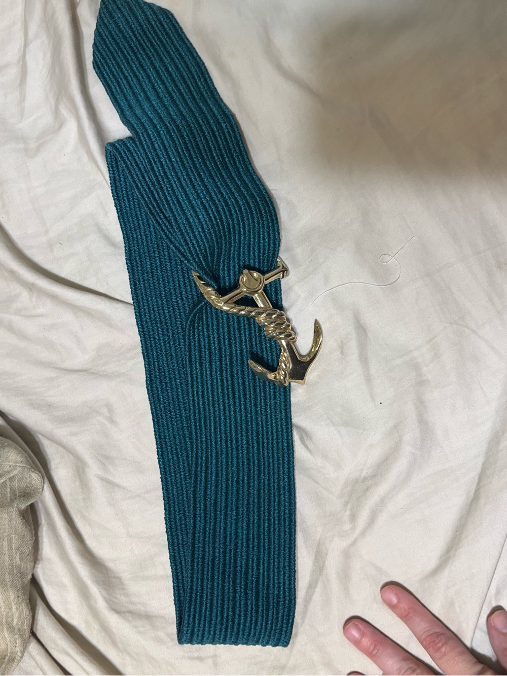 Unbranded Teal Ribbed Knit Belt with Gold Anchor Buckle